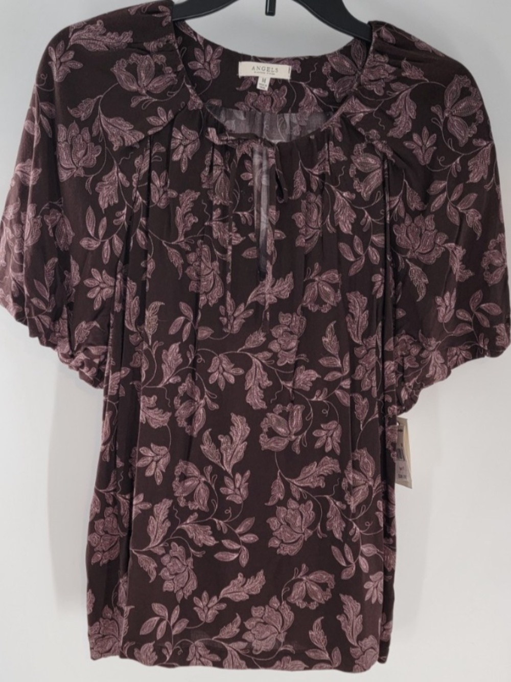 NWT Angels Forever Young Women's Brown Floral Blouse w pink Flowers Sz Med